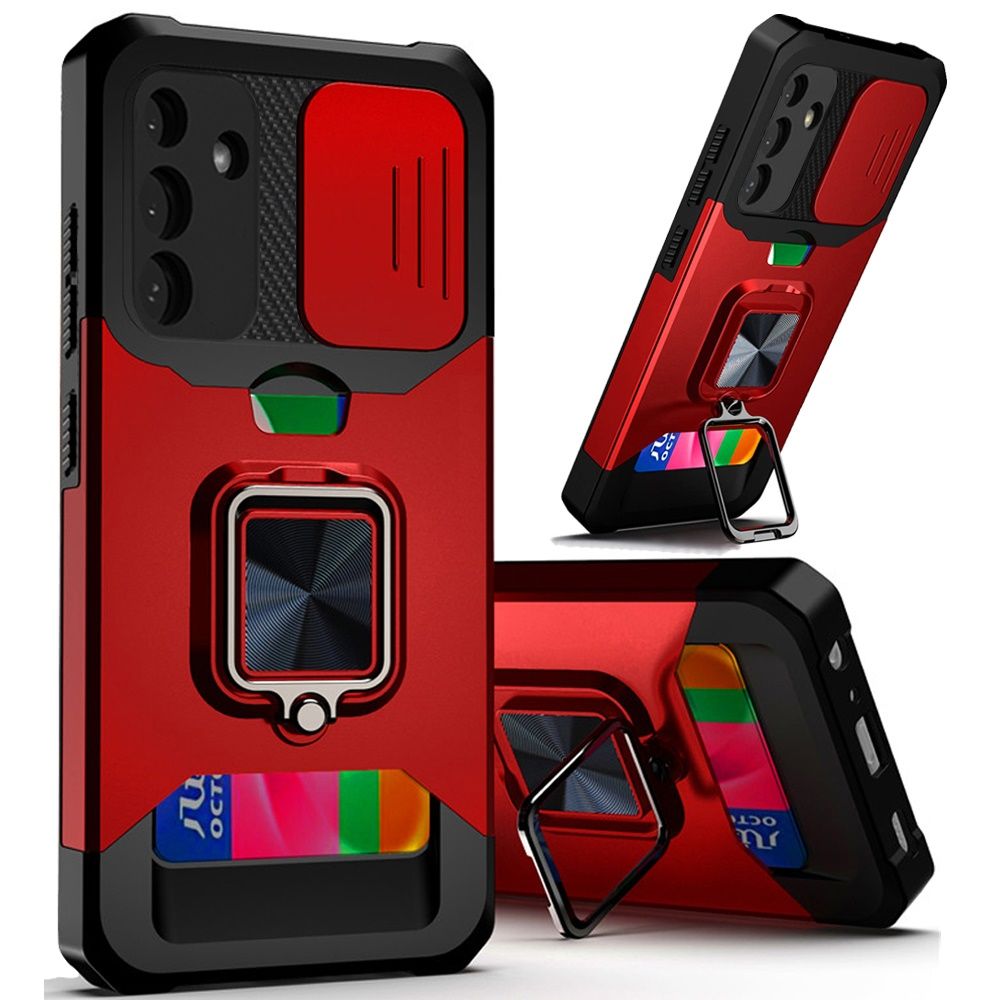 For Samsung s25 Plus/s24 Plus Multi-Functional Card Magnetic Ring Stand Hybrid Camera Case Cover - Red