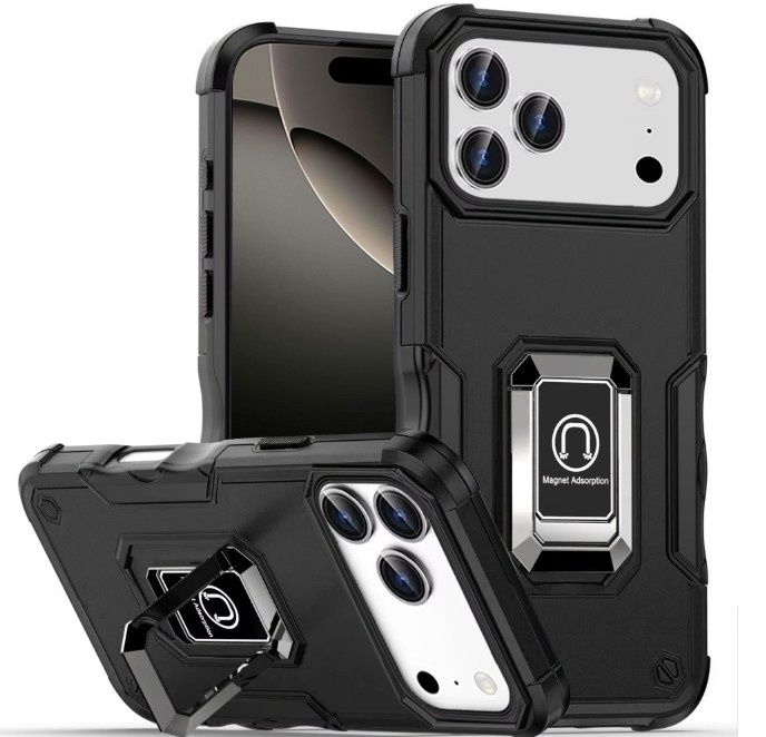 For iPhone 17 Pro OPTIMUM Magnetic Ring Stand Hybrid Case Cover - Black