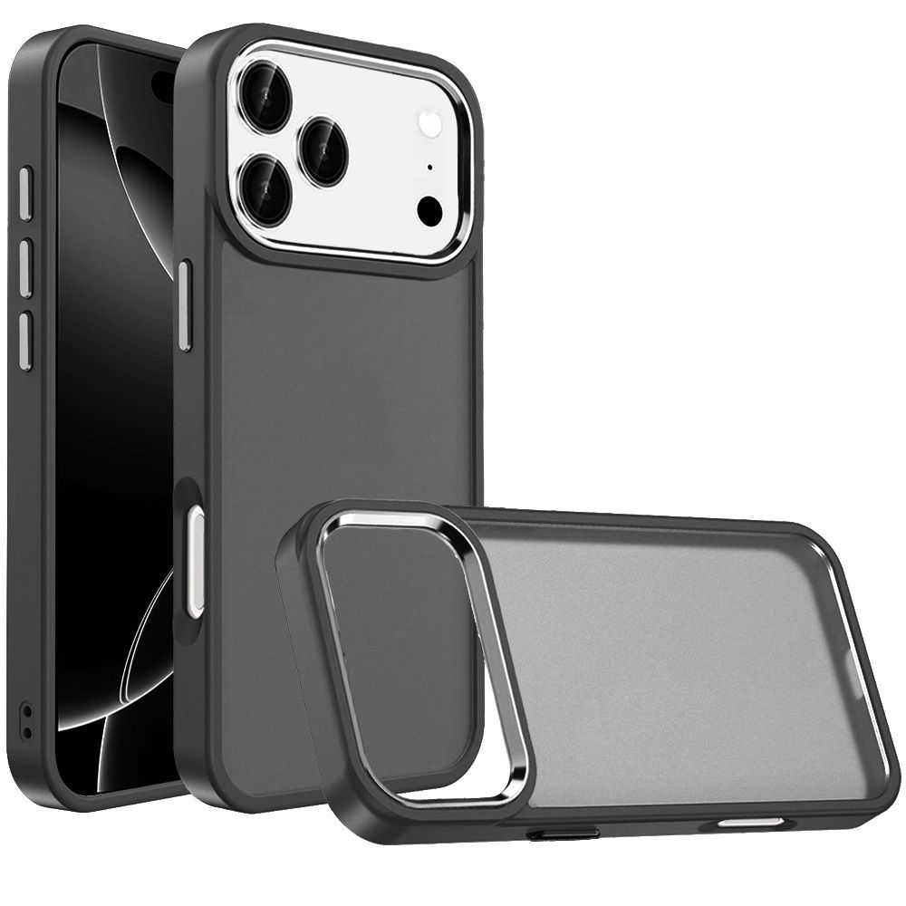 For iPhone 17 Pro Max Polished Oil Thick Acrylic Metal Button Hybrid Case Cover - Black
