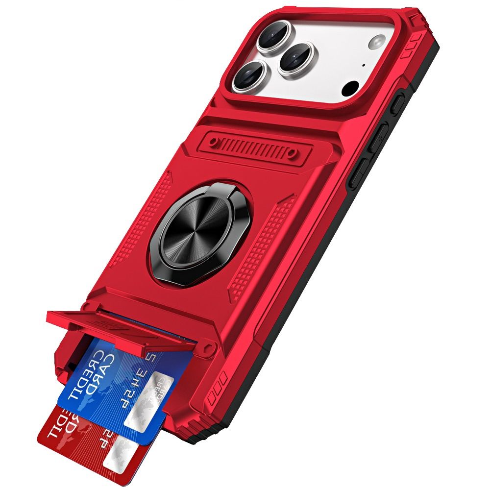 For iPhone 17 Pro Max Multi-Functional 2X Card Slot Shockproof Metal Ring Hybrid Case - Red