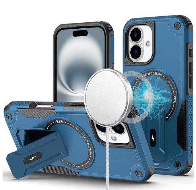 For iPhone 16 Pro 6.3 inch Sturdy Bracket Kickstand Magnetic Hybrid - Blue