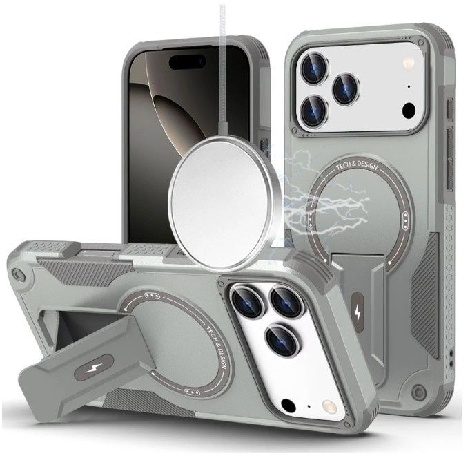For iPhone 17 Pro Sturdy Bracket Kickstand Magnetic Hybrid - Grey