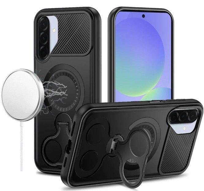 For Samsung A17 5G Car Mount with 2-Ring Stand Hybrid Case - Black