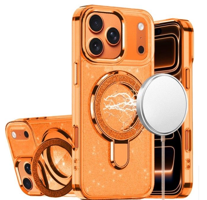 For iPhone 17 Pro Transparent Glitter Rotaional Magnetic Ring Stand HQ Hybrid - Cosmic Orange