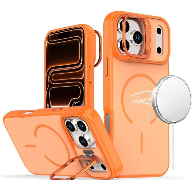 For iPhone 17 Pro Premium Matte Magnetic Metal Camera Stand Hybrid Case - Cosmic Orange