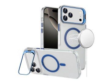For iPhone 17 Pro Max Transparent HQ Hybrid with Metallic Camera Stand Magnetic Ring Case - Dark Blue