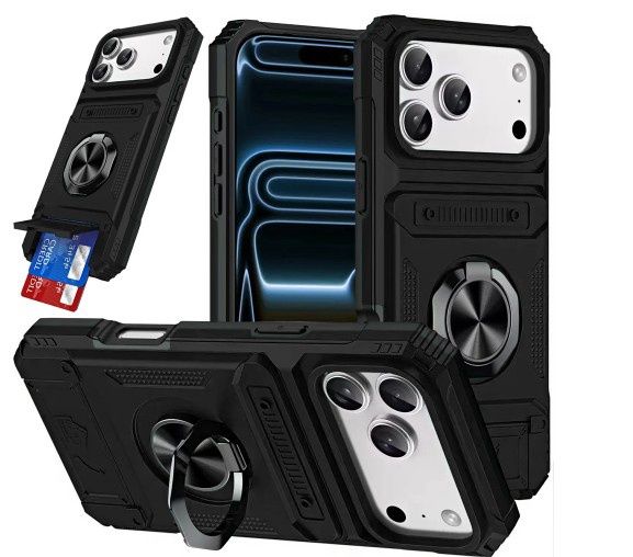 For iPhone 17E / 16E / SE4 Multi-Functional 2X Card Slot Shockproof Metal Ring Hybrid Case - Black