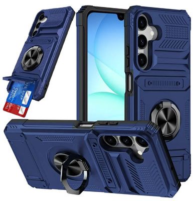 For Samsung A17 5G Multi-Functional 2X Card Slot Shockproof Metal Ring Hybrid Case - Blue