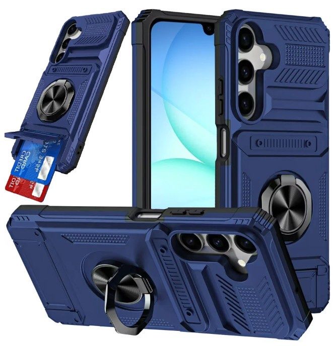 For Samsung A17 5G Multi-Functional 2X Card Slot Shockproof Metal Ring Hybrid Case - Blue