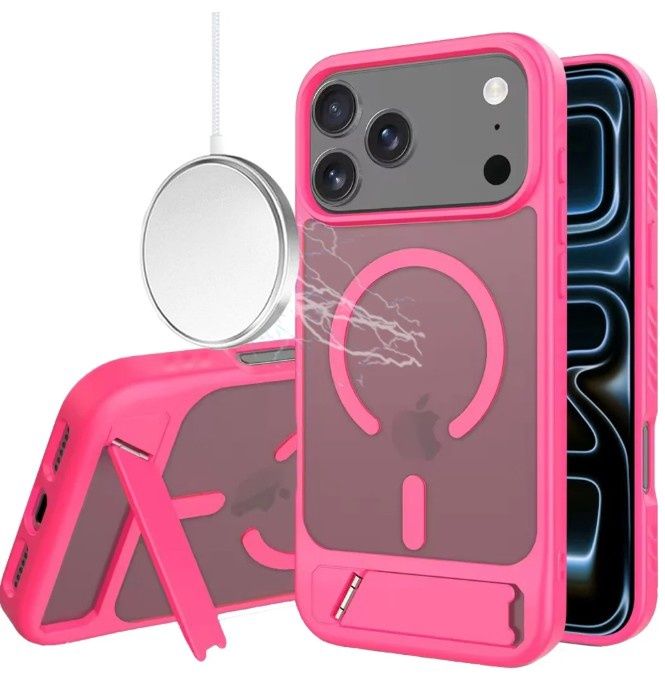 For iPhone 17 Pro Matte Magnetic Hybrid with Metal Kickstand Case - Hot Pink