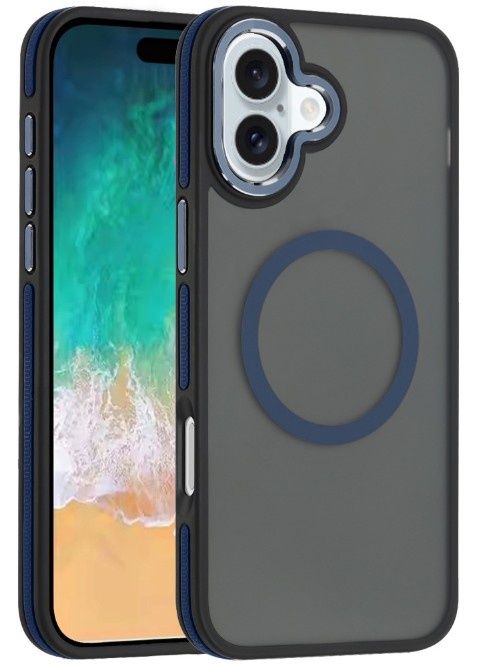 For iPhone 16 Plus 6.7 inch Royal Magnetic Ring Skin-Touch HQ Metal Buttons/Camera Lip Hybrid - Blue