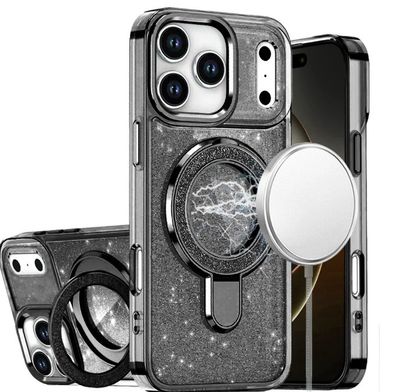 For iPhone 17 Pro Transparent Glitter Rotaional Magnetic Ring Stand HQ Hybrid - Black
