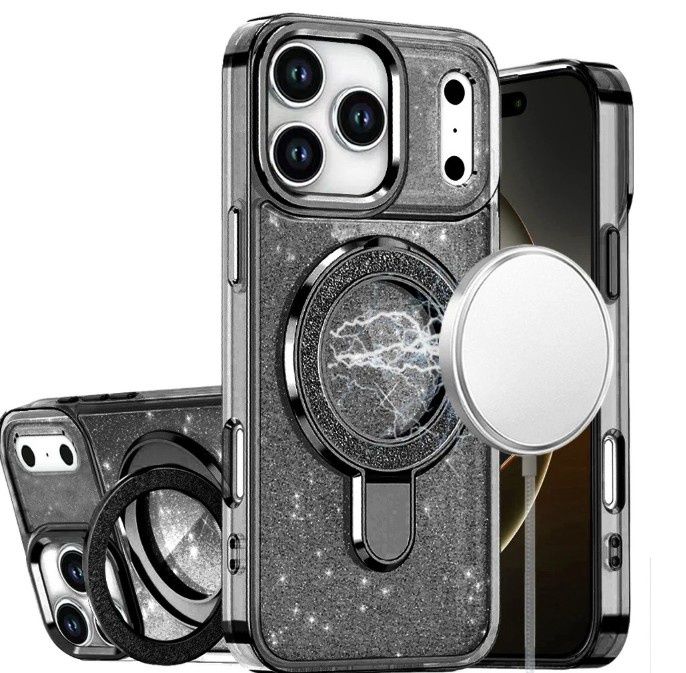 For iPhone 17 Pro Transparent Glitter Rotaional Magnetic Ring Stand HQ Hybrid - Black