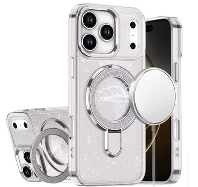 For iPhone 17 Pro Transparent Glitter Rotaional Magnetic Ring Stand HQ Hybrid - Clear