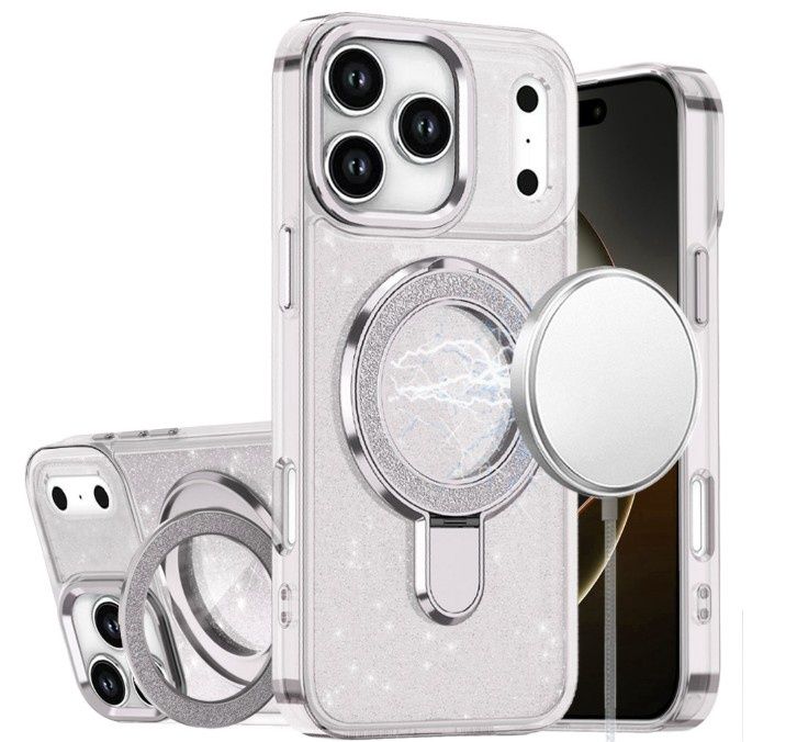 For iPhone 17 Pro Transparent Glitter Rotaional Magnetic Ring Stand HQ Hybrid - Clear