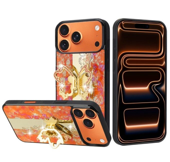 For iPhone 17 Pro SPLENDID Diamond Glitter Ornaments Engraving Case Cover - Enchanted Butterfly Orange