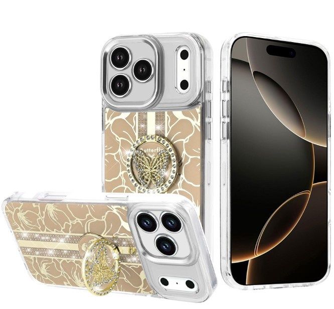 For iPhone 17 Pro Splendid Floral Designs with Metal Camera and Buttons with Butterfly Ring Stand Hybrid Case - Gold