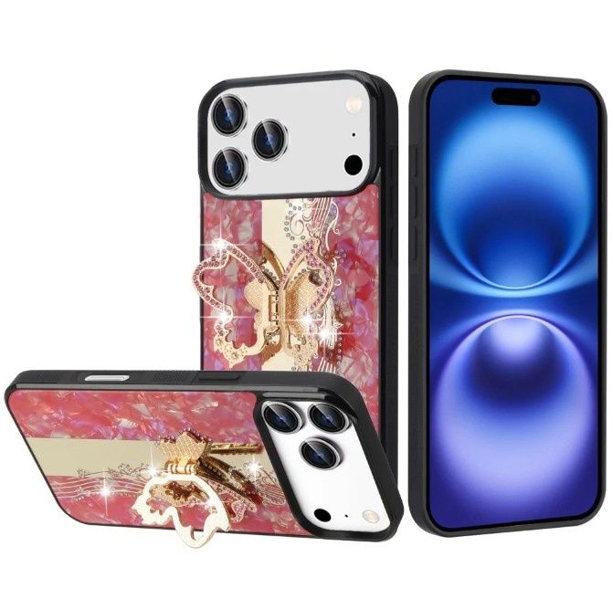 For iPhone 17 Pro SPLENDID Diamond Glitter Ornaments Engraving Case Cover - Enchanted Butterfly Red