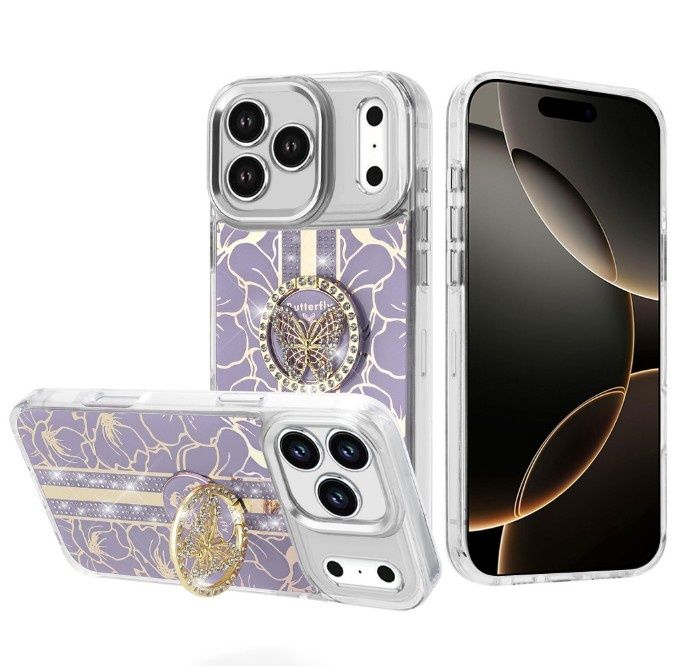 For iPhone 17 Pro Splendid Floral Designs with Metal Camera and Buttons with Butterfly Ring Stand Hybrid Case - Purple