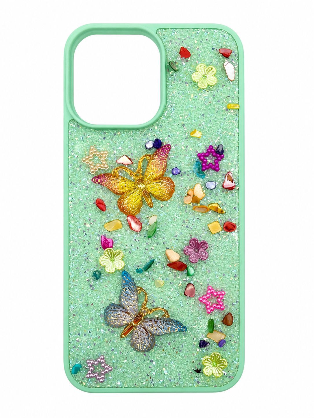 Rain Flower Stone Butterfly Phone Case for Iphone 15 Pro Max-Green