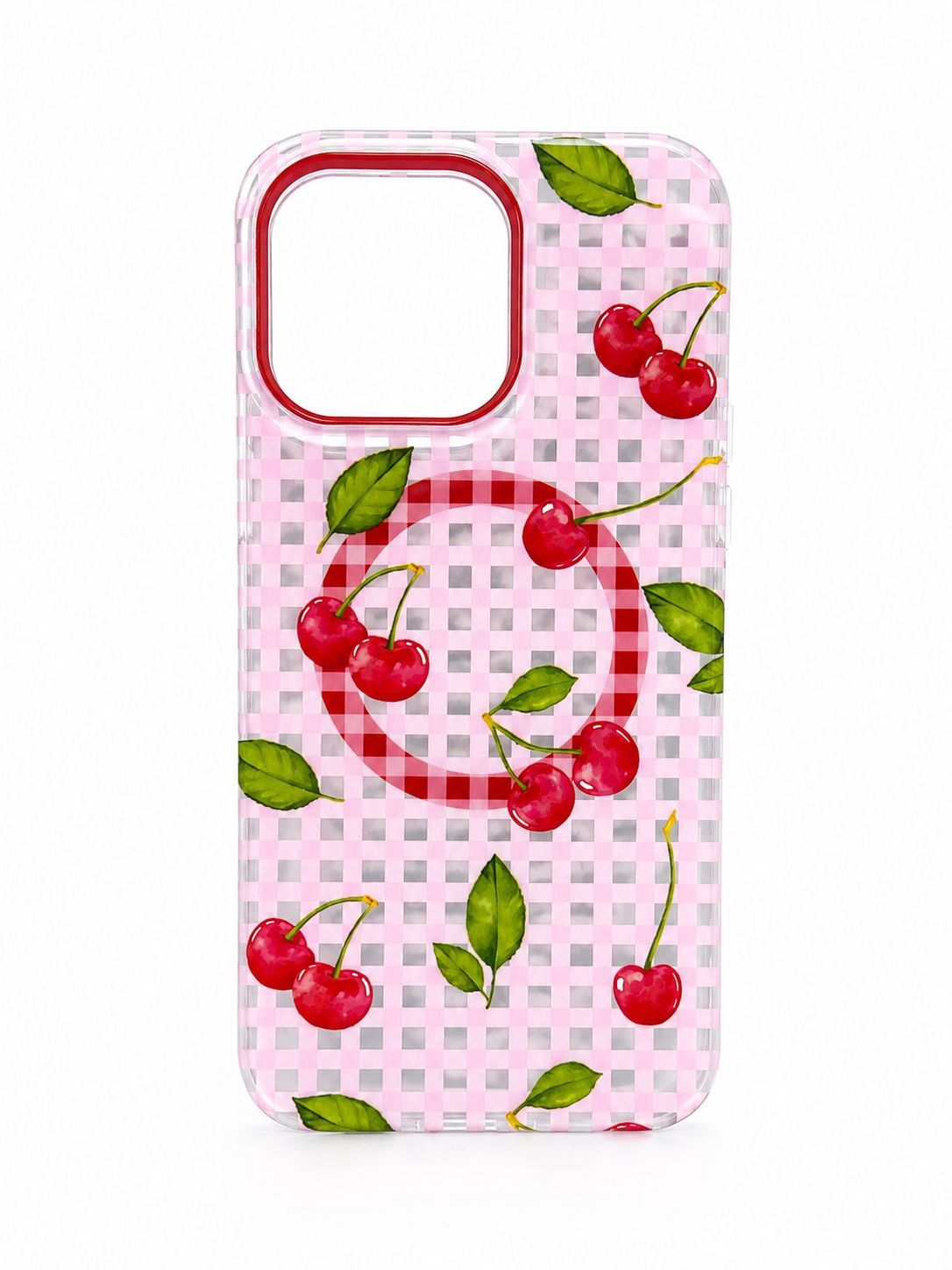 IMD TPU Floral Magsafe Case for Iphone 15 Pro Max- Pink with Red Cherry
