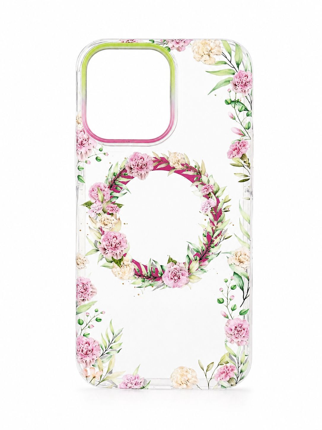 IMD TPU Floral Magsafe Case for Iphone 15 Pro Max- Green/ Pink