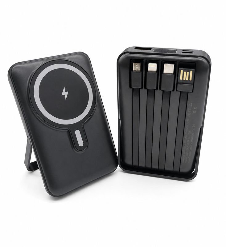 Magnetic bracket with built-in cable and kick stand (10000MAH) Black