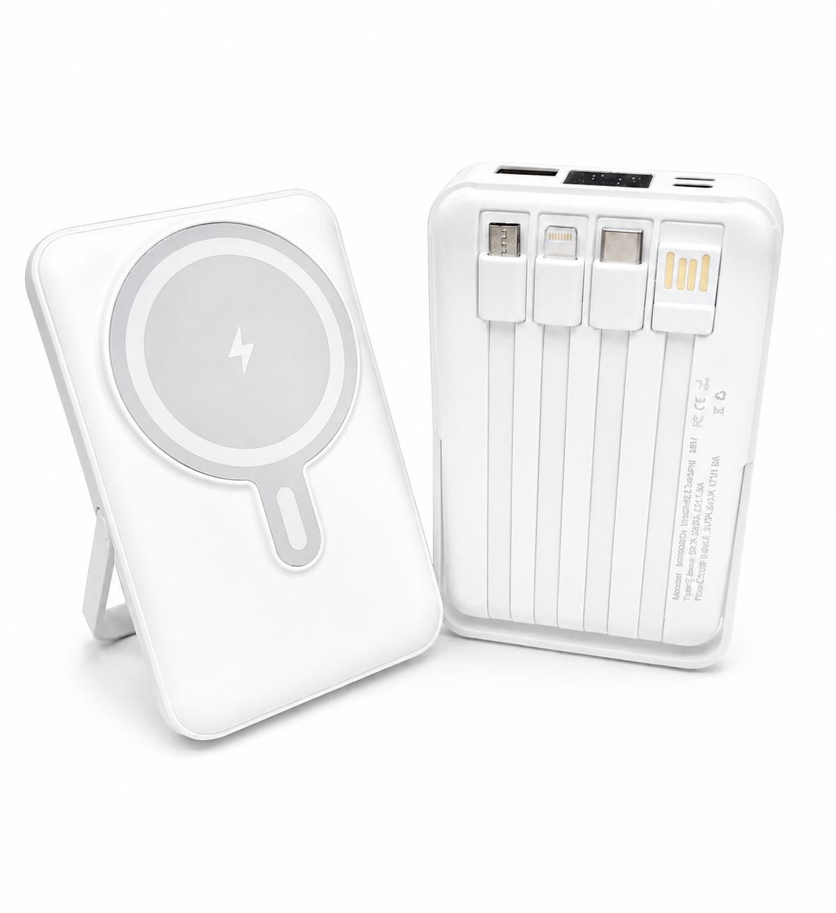 Magnetic bracket with built-in cable and kick stand (10000MAH) White