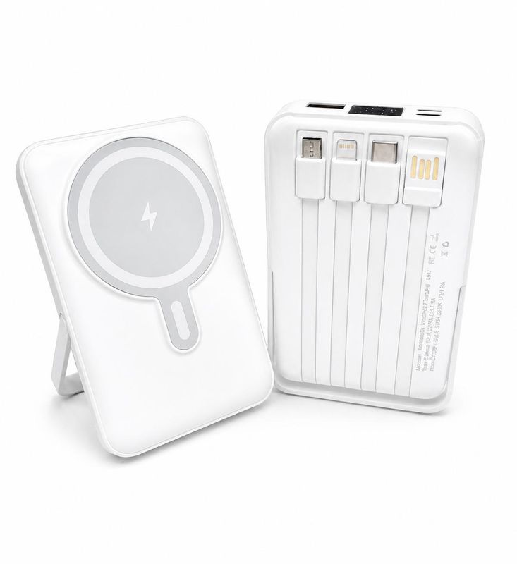 Magnetic bracket with built-in cable and kick stand (10000MAH) White