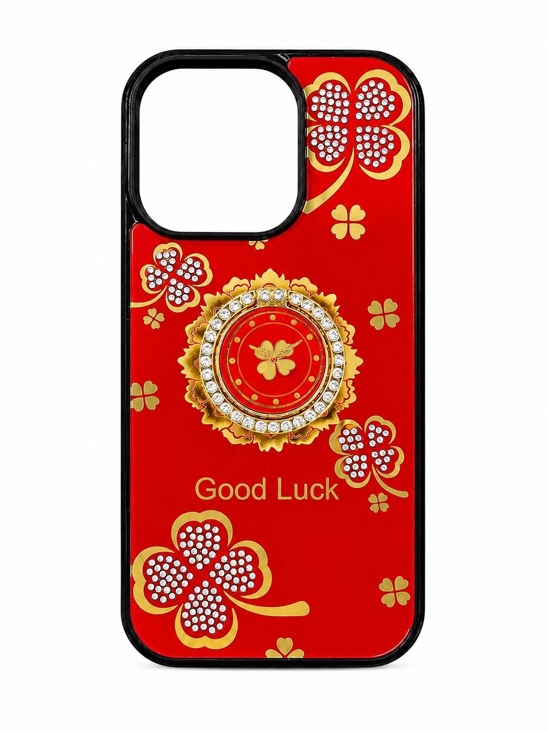 Elegant Floral Good Luck Ring Case for Iphone 16 Pro-Red