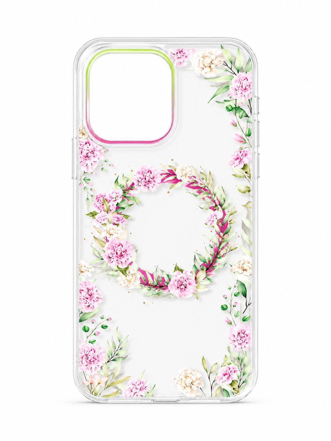 [Magnetic Circle] Double Layer Design IMD TPU Case for Iphone 14 Pro Max- Green/Pink Floral