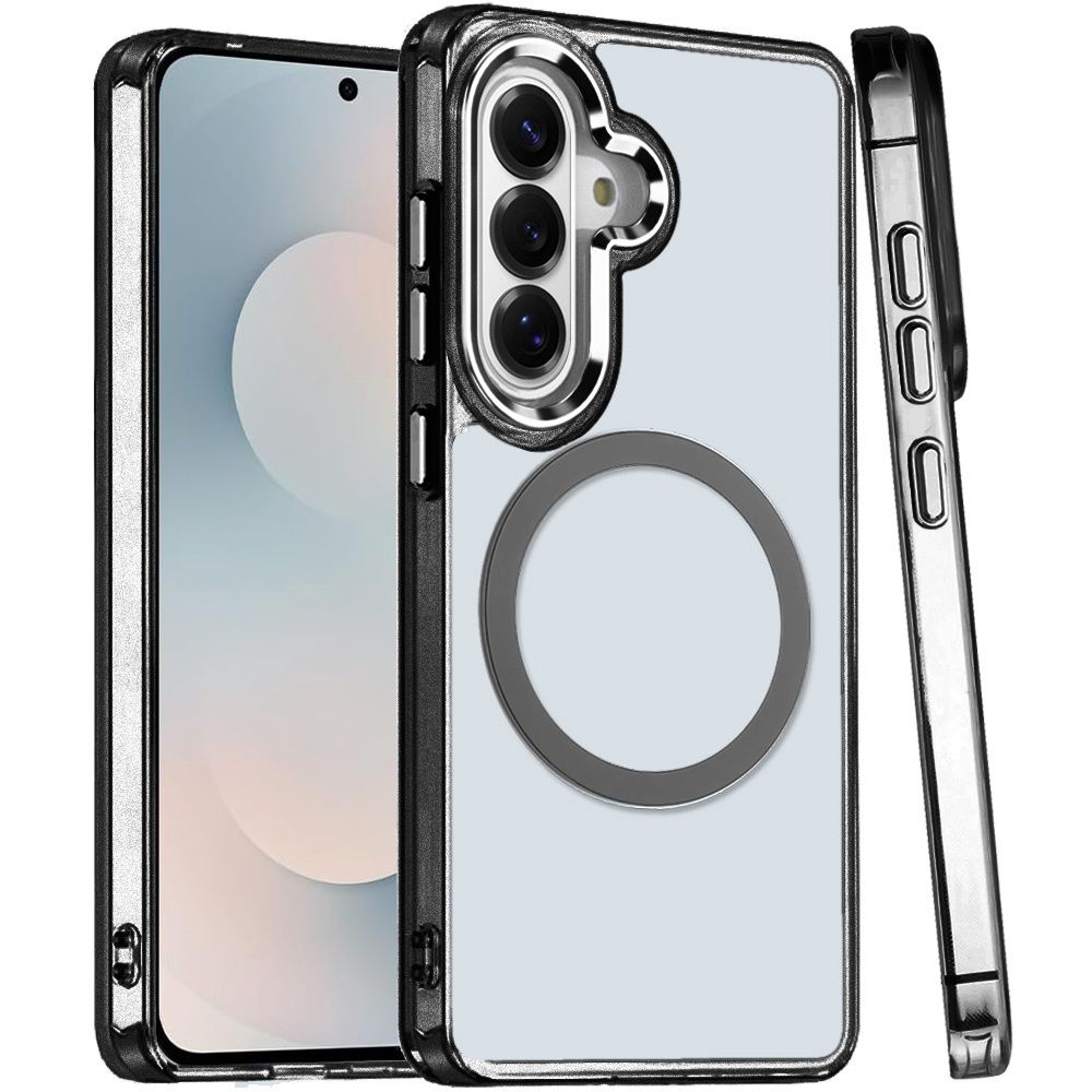 Magnetic Circle Ring Transparent Premium Acrylic with Metal Buttons &amp; Camera Raised Lip for Samsung s25 FE- Black