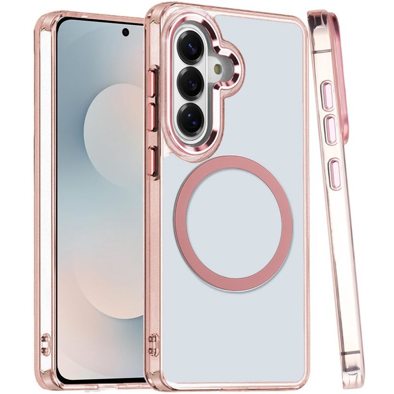 Magnetic Circle Ring Transparent Premium Acrylic with Metal Buttons &amp; Camera Raised Lip for Samsung s25 FE- Rose Gold