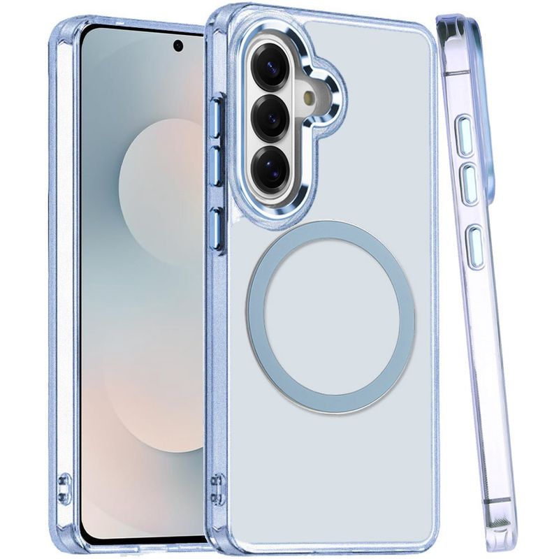 Magnetic Circle Ring Transparent Premium Acrylic with Metal Buttons &amp; Camera Raised Lip for Samsung s25 FE- Light Blue