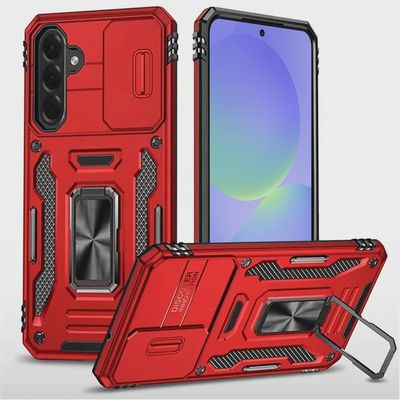 Utter Tough Metal Ring Movable Camera Window Hybrid Case Cover for Samsung Galaxy A37 - Red