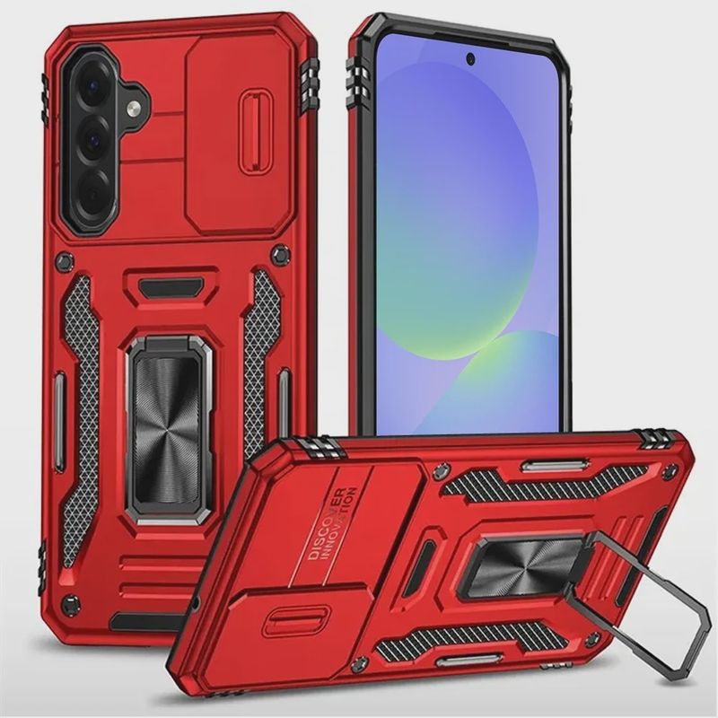 Utter Tough Metal Ring Movable Camera Window Hybrid Case Cover for Samsung Galaxy A37 - Red
