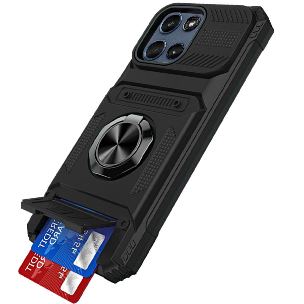 Multi-Functional 2X Card Slot Shockproof Metal Ring Hybrid Case For Moto G 5G 2025/2026 / G PLAY 2026 - Black