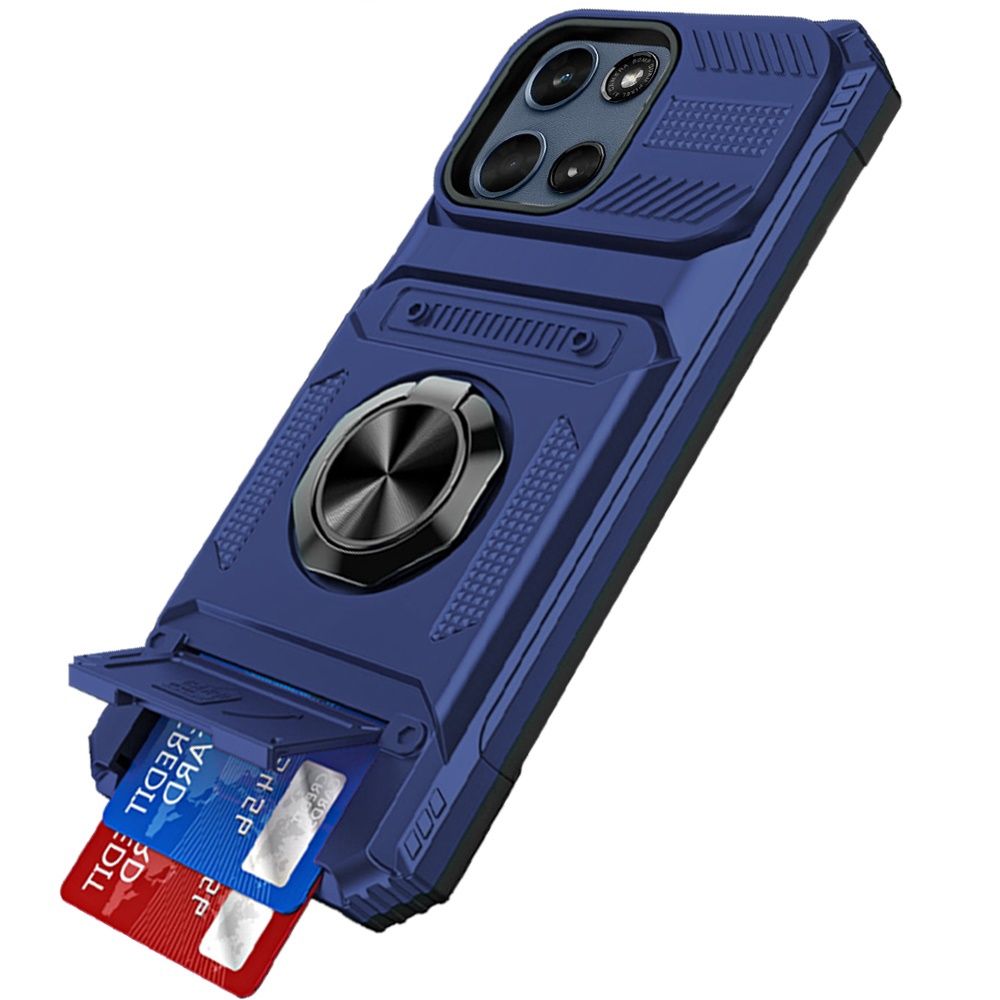 Multi-Functional 2X Card Slot Shockproof Metal Ring Hybrid Case For Moto G 5G 2025/2026 / G PLAY 2026 - Blue