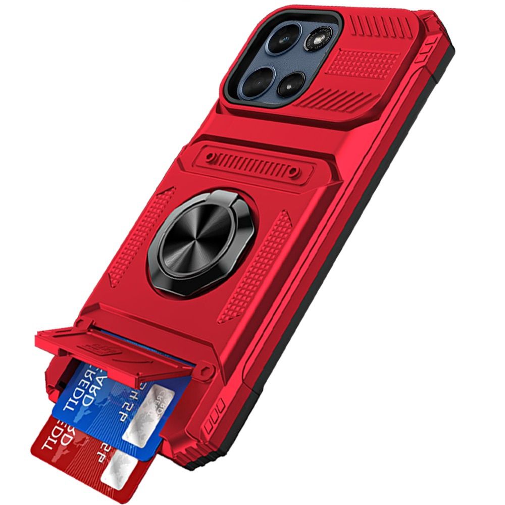 Multi-Functional 2X Card Slot Shockproof Metal Ring Hybrid Case For Moto G 5G 2025/2026 / G PLAY 2026 - Red