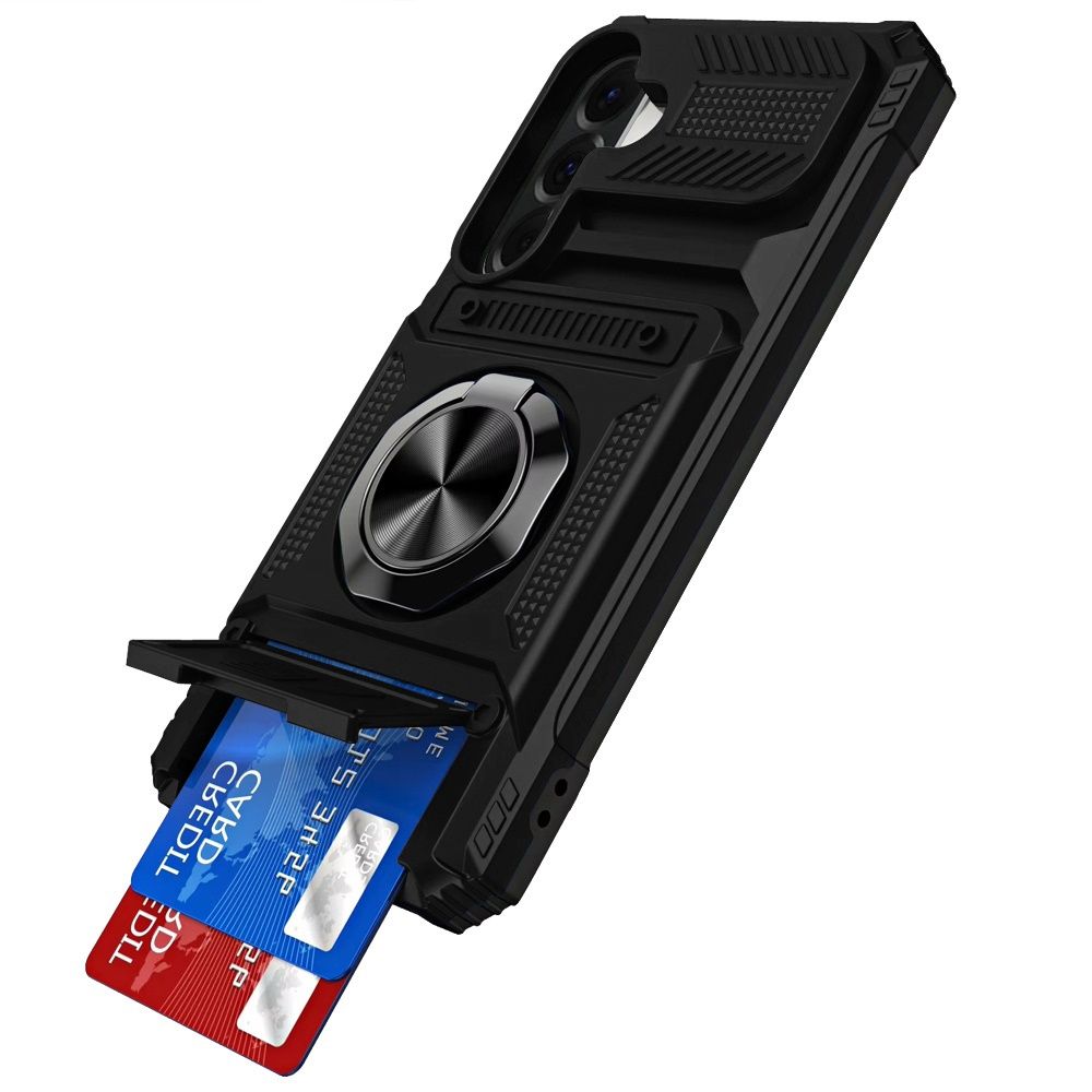 Multi-Functional 2X Card Slot Shockproof Metal Ring Hybrid Case For Samsung Galaxy A37 - Black