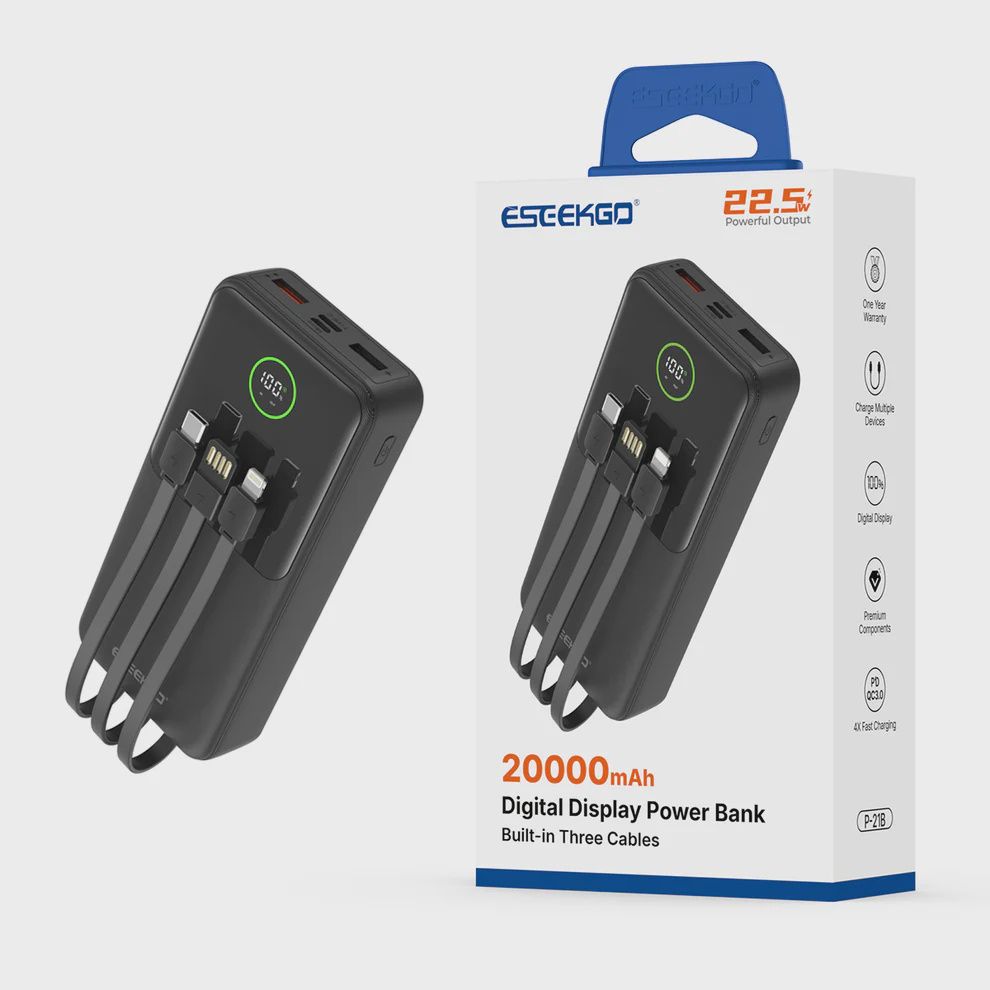 ESEEKGO P-21B 22.5W 20000mAh Power Bank With Built-in 3 Cables