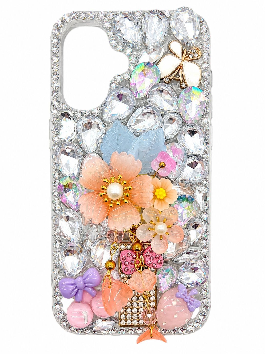 Diamond-covered 3D flower phone case for Iphone 16 - Pink