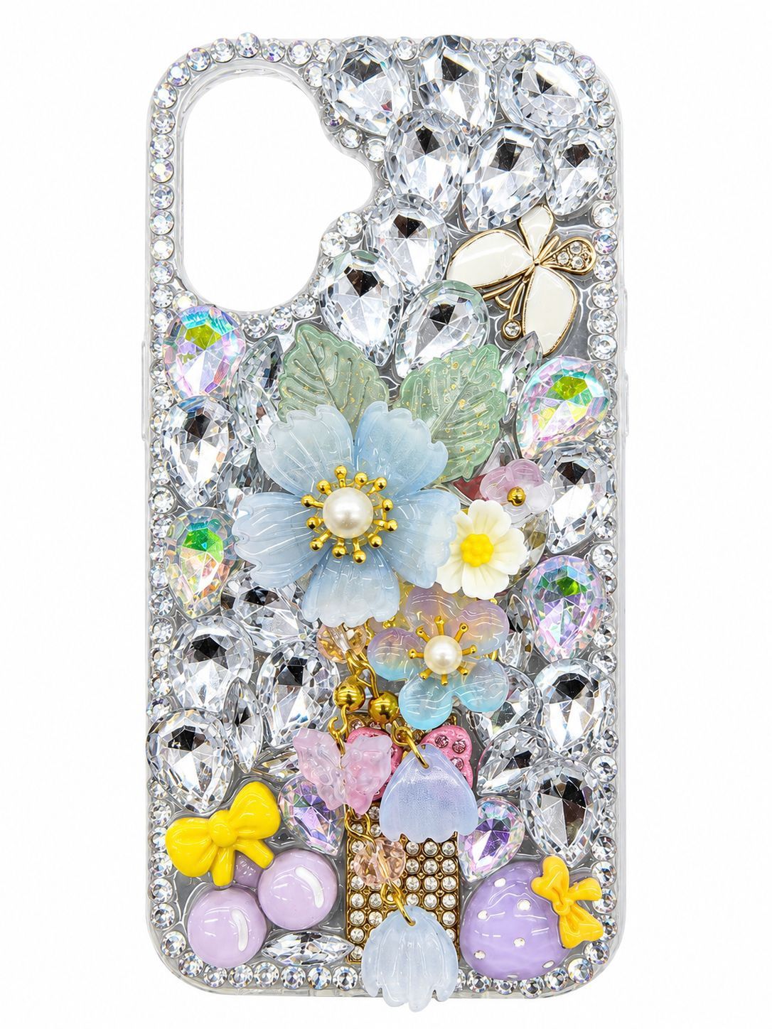 Diamond-covered 3D flower phone case for Iphone 16 - Blue