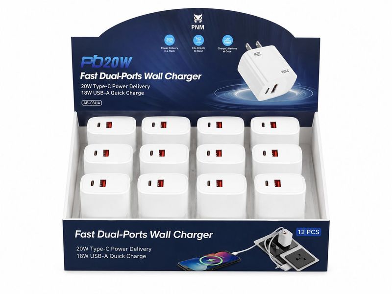 PNM AB-03UA 20W USB-A+USB-C Travel Adapter Set 12pcs