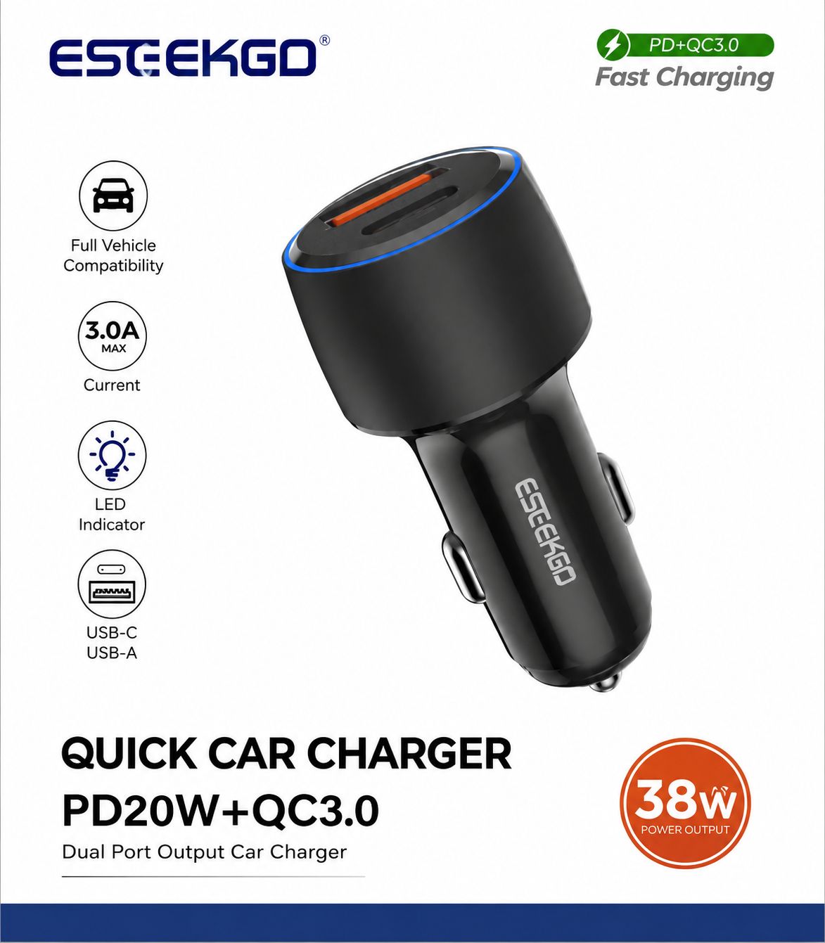 ESEEKGO brand C-10BK USB+Type-C 38W car charger combination