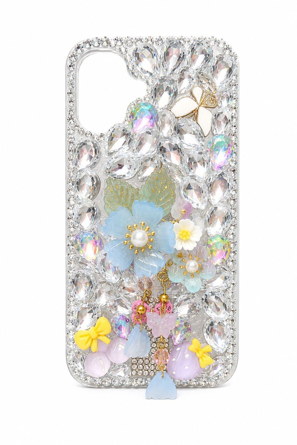 Full Diamond 3D Flower Phone Case for Iphone 16 Plus- Blue Flower with Blings