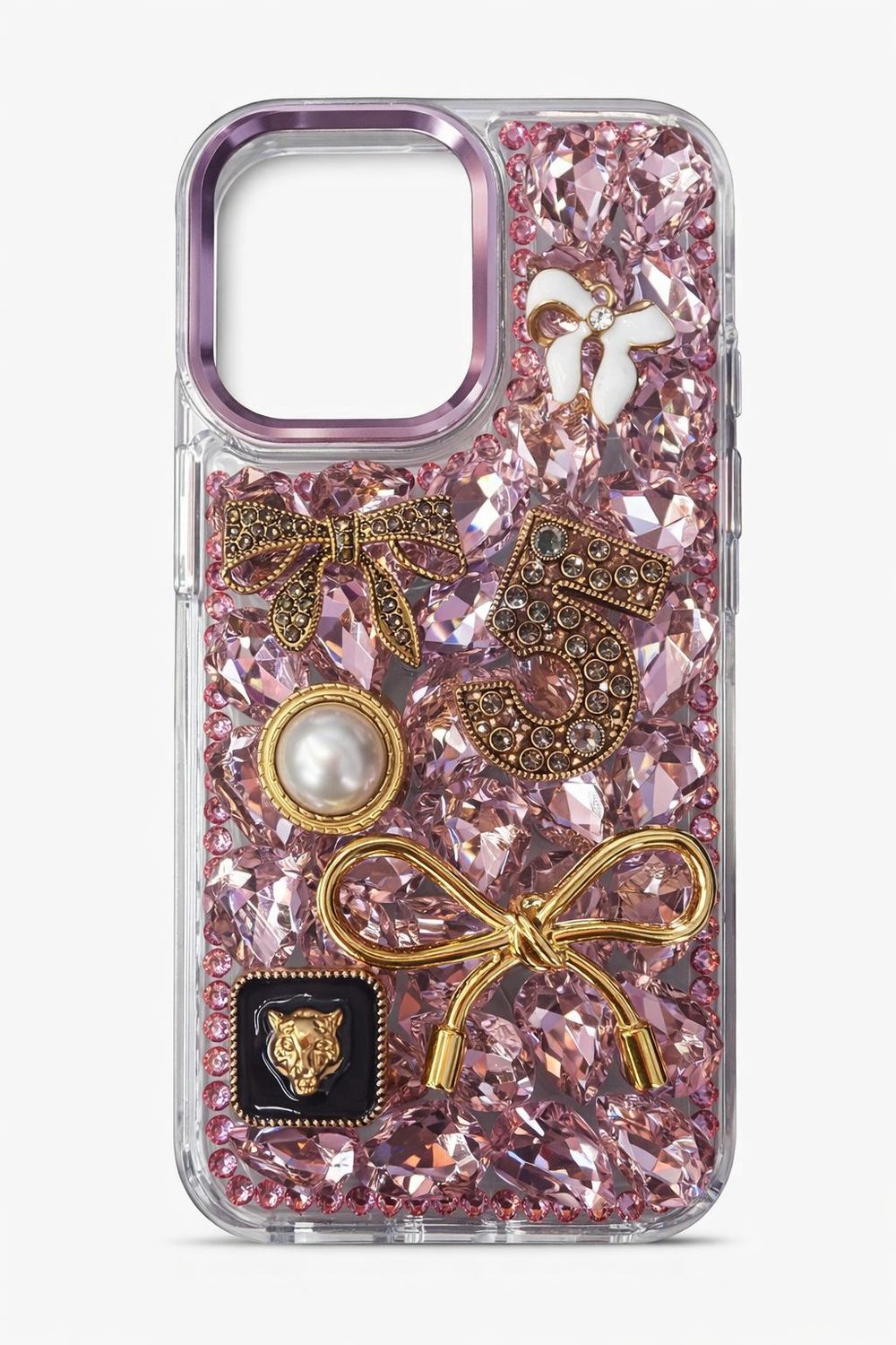 Crystal Pearl &amp; Butterfly with Diamond Phone Case for Iphone 16 Pro Max-Pink