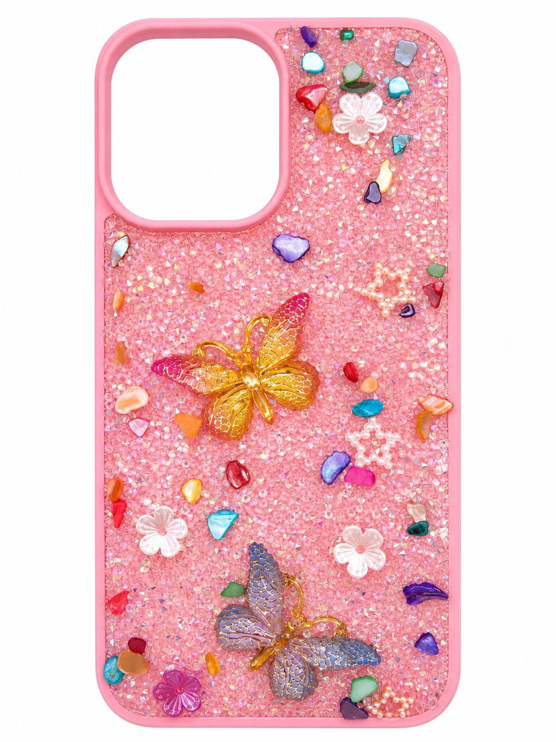 Rain Flower Stone Butterfly Phone Case for Iphone 16 Pro Max-Pink