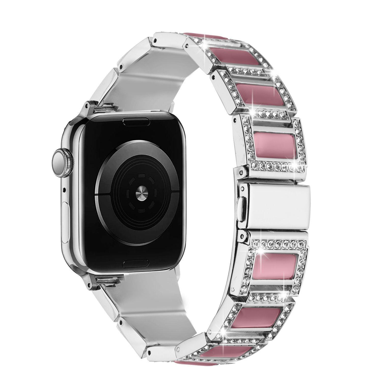 Jewel Diamond Bling Zinc Alloy Watch Band For Apple Watch Size 38/40/41mm- Silver+Pink