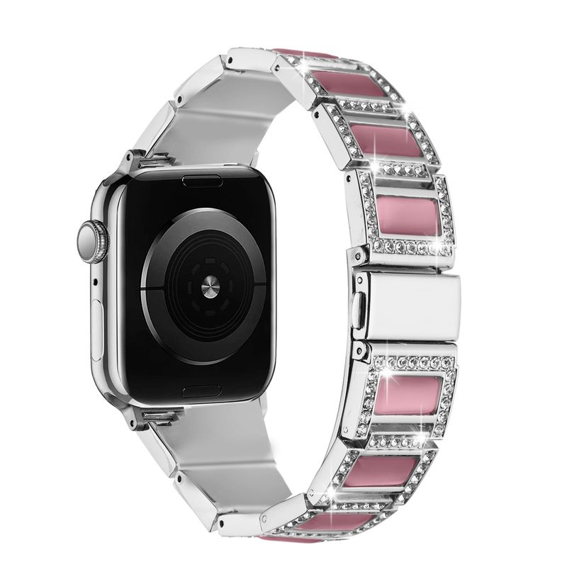 Jewel Diamond Bling Zinc Alloy Watch Band For Apple Watch Size 38/40/41mm- Silver+Pink